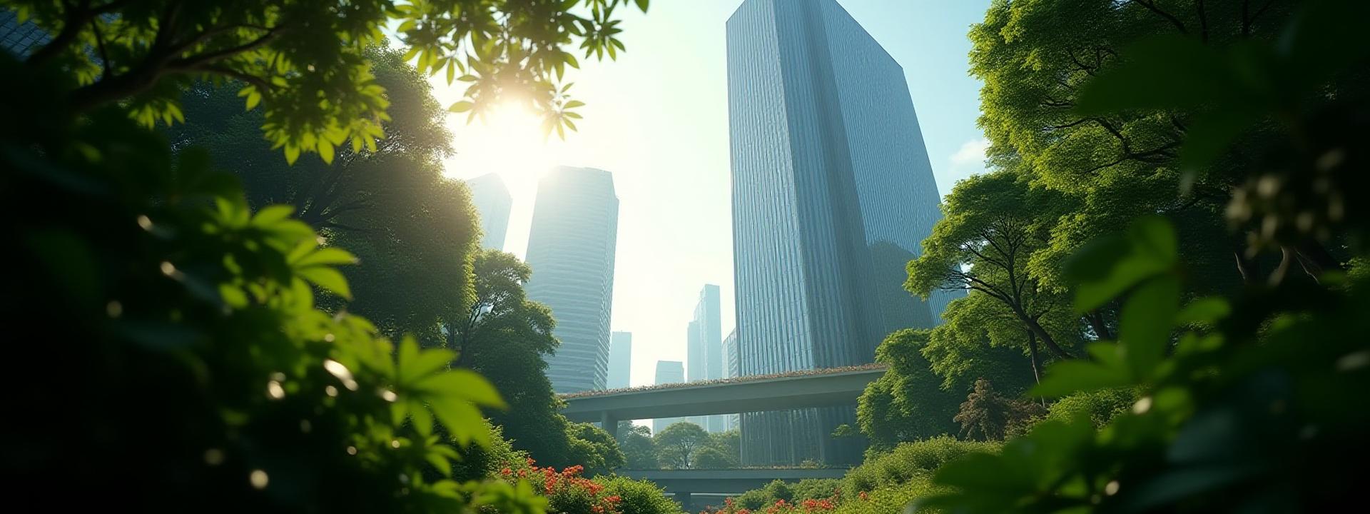 緑豊かな森林、その中に現代的なガラス張りのビルがそびえ立つ。サステナブルな未来とビジネスの調和を象徴する