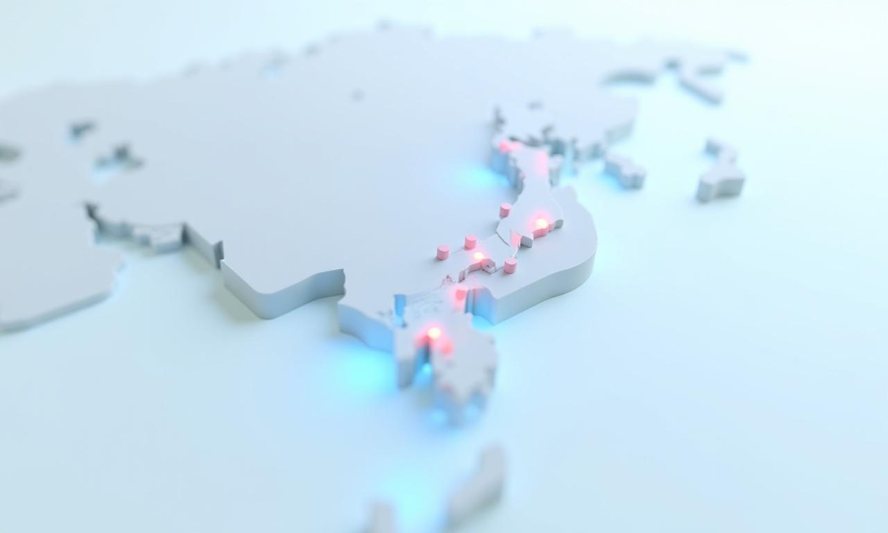 アジアに焦点を当てた世界地図、特に日本、中国、シンガポール、ベトナム、タイ、インドネシアが強調され、グローバルなビジネス接続ラインが示されている