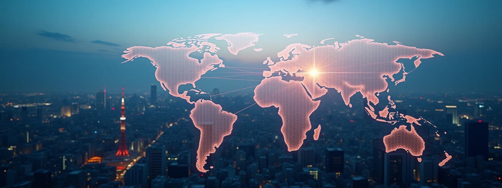 世界地図と東京のスカイラインを重ね合わせ、日本とアジア市場への入り口を示唆する未来的なイメージ