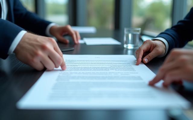 資金調達の交渉テーブルで契約書を見つめる起業家と投資家