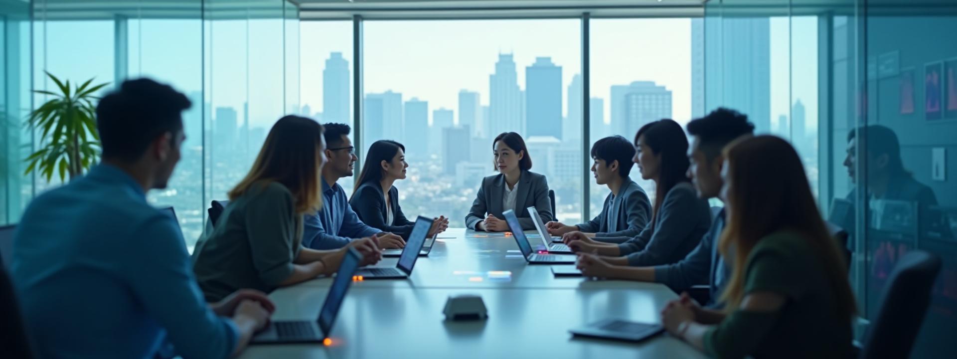 東京のスタートアップ支援オフィスのモダンな会議室で議論する意欲的な起業家たち