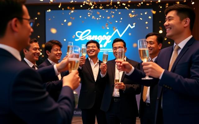 IPOを達成し、東証の鐘を鳴らす起業家たちの祝賀会